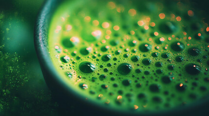 vibrant green matcha tea foam texture in a ceramic cup — detailed close-up perfect for health blogs, wellness articles, beverage packaging, spa and mindfulness designs, or background use in nutrition 