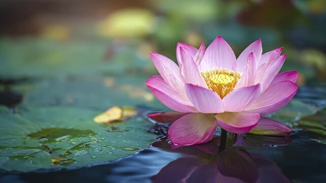 A vibrant pink lotus flower, with gracefully unfurling petals and a bright yellow center, floats serenely on the calm surface of dark water. Surrounding the elegant bloom are lush green lily pads, ado