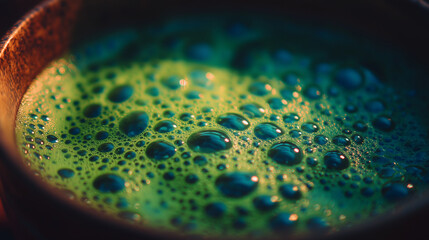 vibrant green matcha tea foam texture in a ceramic cup — detailed close-up perfect for health blogs, wellness articles, beverage packaging, spa and mindfulness designs, or background use in nutrition 