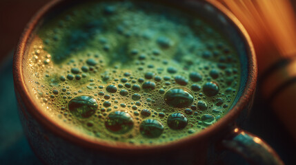 vibrant green matcha tea foam texture in a ceramic cup — detailed close-up perfect for health blogs, wellness articles, beverage packaging, spa and mindfulness designs, or background use in nutrition 