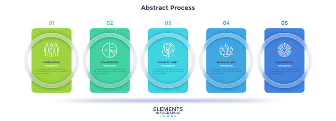 Progress bar with 5 frames behind translucent glass rings placed in horizontal row. Concept of five steps to business success. Minimal infographic design template. Flat vector illustration.