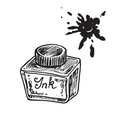 Black ink bottle and stain, doodle black ink drawing, woodcut vector
