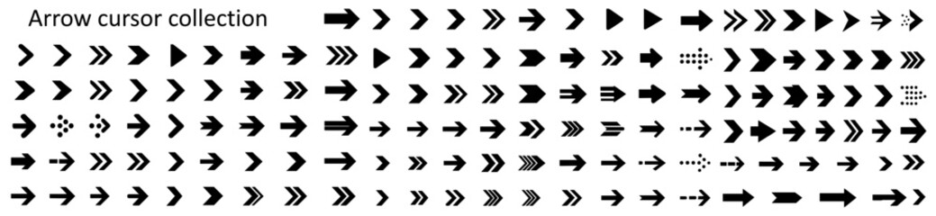 Vector collection of black arrow cursor icons in various flat styles including bold, outlined, solid, and dotted designs for UI, web, and interface navigation