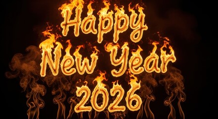 Fiery happy new year 2026 wishes with burning text effect on black background