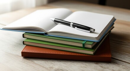 Book and pen on a school desk in a bright classroom. Education and learning concept with natural light and soft background, perfect for study or academic theme.