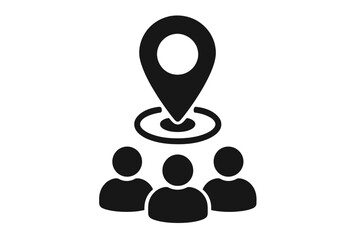 Meeting point icon with group of people. Business branch location concept. Team gathering, community hub, or target audience position. Management, workforce, gps pin vector.