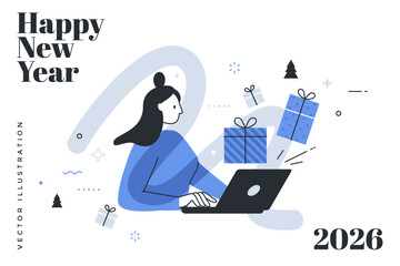 Woman with laptop buying gifts in online store. Happy New Year 2026 thin line vector illustration. Digital holiday greeting card for web or print design.