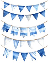 Obraz premium Watercolor illustration of blue and white patterned bunting