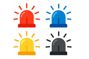 Siren emergency light icon set. Colorful police, ambulance, firefighter alarm flasher. Red, blue, yellow, black alert beacon symbol. Flat vector warning signal graphic.