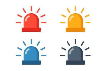 Siren alarm icon set. Flashing emergency light collection. Red, blue, yellow police, ambulance, or fire department beacon. Vector warning signal & danger alert symbol.
