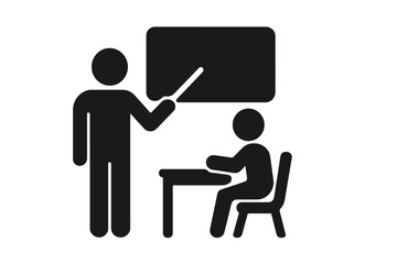 Teacher teaching student in classroom vector icon. Education, learning, school concept. Professor with pointer at blackboard. Training, seminar, or private lesson pictogram.