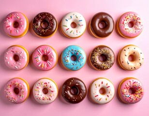 Fototapeta premium Top View of Assorted Donuts Arranged in a Colorful Flatlay