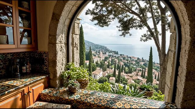 Mediterranean kitchen with patterned tiles, wooden cabinetry, and panoramic hillside coastal view