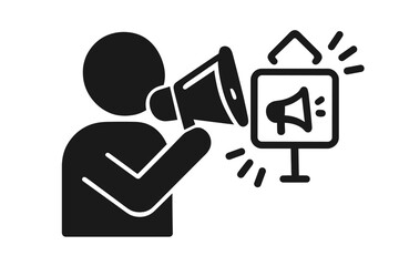 Promoter with megaphone icon for marketing and advertising. Announcement symbol. Person shouting through a loudspeaker for promotion. Communication and sales concept vector.