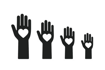 Obraz premium Hands with hearts icon set. Volunteer, charity, donation concept. Symbol of love, care, support, and community. Vector illustration for social work, philanthropy, and unity.