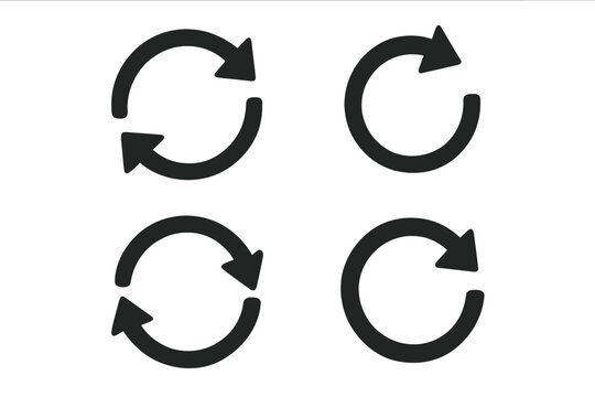 Refresh and reload icon set. Circular arrow symbols for update, sync, and rotate actions. Web and application interface pictogram collection. Reset, repeat, and loop button design.
