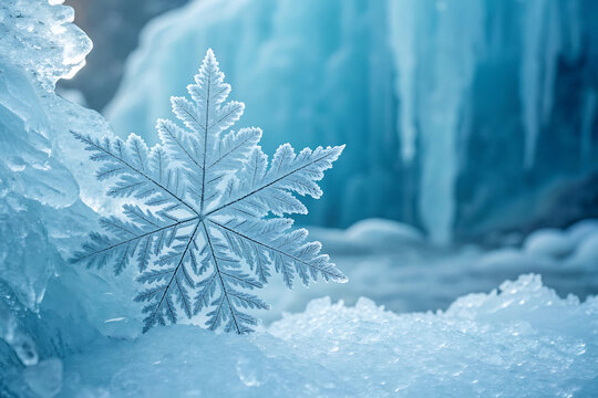 White winter forest landscape of snow-covered pine branches dusted with hoarfrost against a cold blue sky