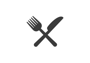 Simple graphic icon of a dark grey fork and knife crossed on a plain white background, symbolizing dining or a restaurant.
