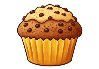 Illustration of a chocolate chip muffin in a yellow paper cup.