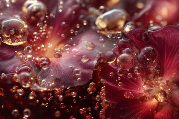 Vibrant iced hibiscus tea glistens with condensation drops showcasing lush floral details and cinematic highlights, creating a dreamy and refreshing atmosphere perfect for summer days