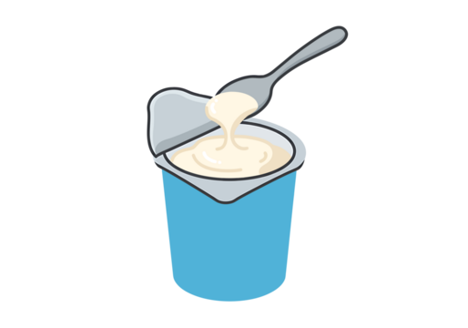 A spoon scooping creamy yogurt from a blue container with an open lid.
