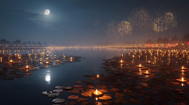 Celebrate diwali festival of lights with fireworks and candles on water at night scene