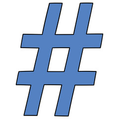Hand-drawn cartoon blue hashtag sign on a white background.