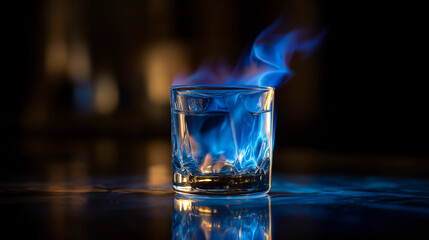 Flaming cocktail blue flames, glass glowing with firelight, dramatic bar lighting, nightlife theme