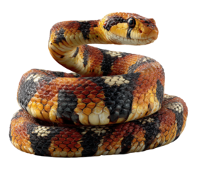 Colorful coiled snake with orange and black scale pattern, isolated on transparent background