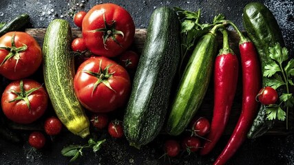 A visually appealing overhead shot showcases a vibrant assortment of fresh, raw vegetables artfully arranged on a dark, textured surface, possibly a rustic wooden board. Large, ripe red tomatoes, slen - Powered by Adobe