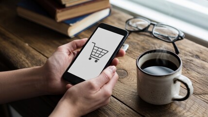 Online shopping concept person holding smartphone with shopping cart icon, coffee, books and glasses on wooden table for easy purchase