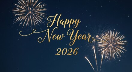 Happy new year 2026 with fireworks on dark blue background, festive celebration