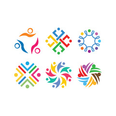 Collection of six diverse abstract geometric logos featuring colorful human figures and community symbols