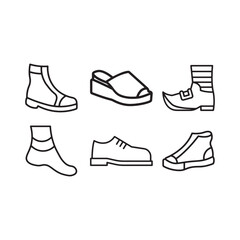 Collection of six simple line art icons representing different types of footwear and socks