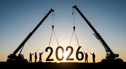 Silhouette of construction worker team lifting 2026 letters with crane at sunset