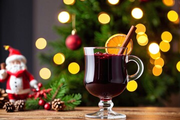 Portrait of a christmas mulled wine on a podium against a blurred background with copy space