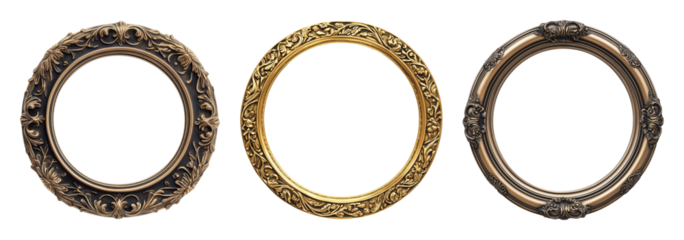 Three decorative round picture frames with carved borders isolated on transparent background