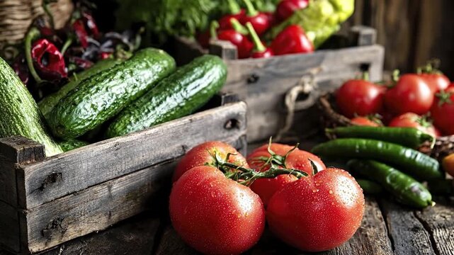 A visually rich display of freshly harvested, vibrant vegetables, featuring ripe red tomatoes still on the vine with glistening water droplets, crisp green cucumbers, and an assortment of colorful pep