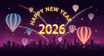 Happy new year 2026 with hot air balloons and fireworks over a city skyline