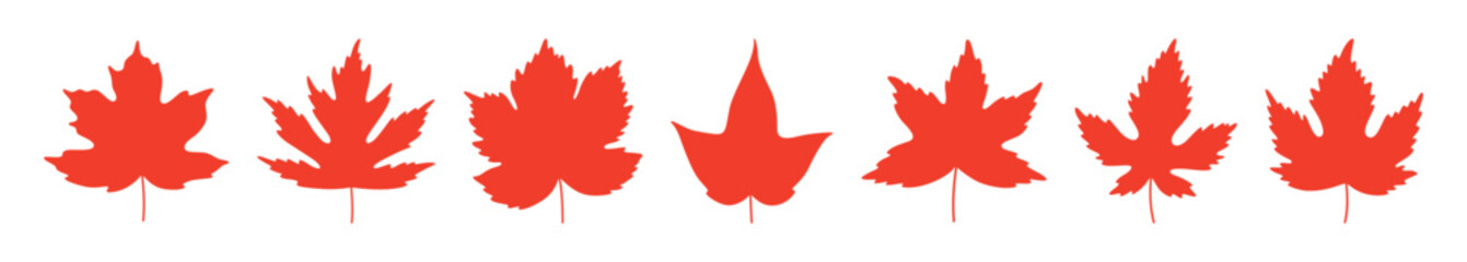 Red maple leaves set isolated on white background. Simple silhouette icons of autumn flat leaves. Canada label. Vector illustration