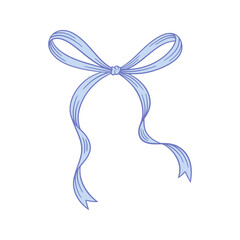 Coquette aesthetic blue bow. Line drawing of cute ribbon for a baby shower decoration. Wedding, Valentine's, birthday gift. Retro style girly vector illustration. Doodle lace.