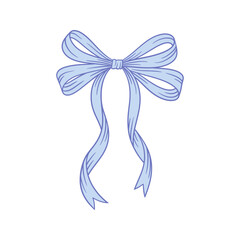 Coquette aesthetic blue bow. Line drawing. Hand drawn cute ribbon for baby shower decoration. Wedding, Valentine's, birthday gift. Retro style girly vector illustration.