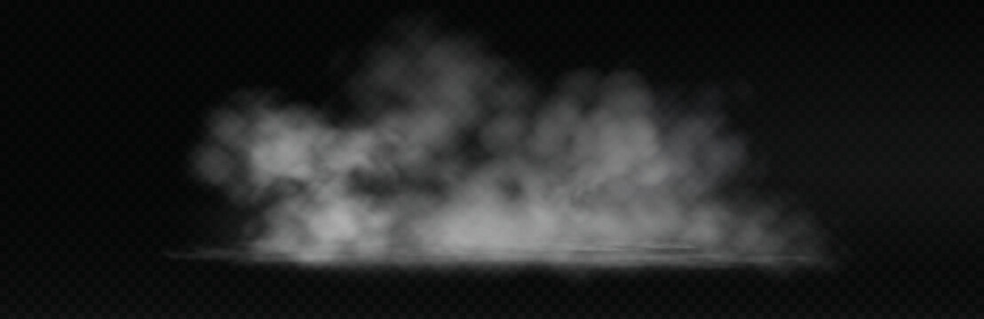 White smoke cloud with overlay effect on dark background. Realistic fog texture spreading across the floor. Atmospheric illustration of misty vapor or haze with dramatic lighting.