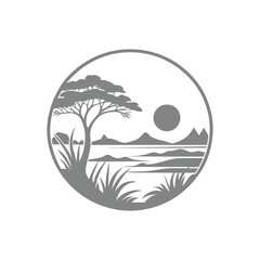 Savanna Silhouette Tree, Lake, and Mountains Design illustration