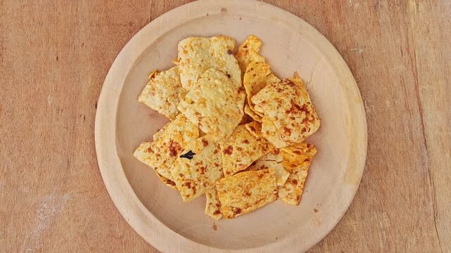 pasta with meat,Kerupuk or Krupuk Opak balado or Spicy Opak cracker is Indonesian traditional cracker made from cassava dough,crackers coated with chili sauce