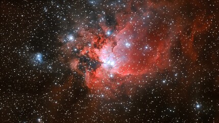 Dramatic cosmic nebula with red clouds and star formation galaxy