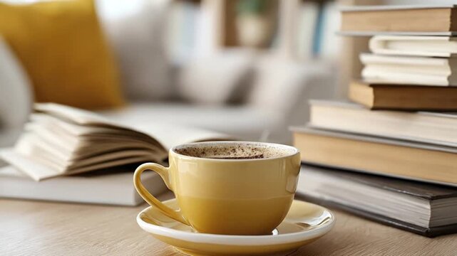 A warm yellow ceramic cup of coffee, topped with frothy foam and a sprinkle of cocoa powder, rests invitingly on a matching saucer on a light wooden table. In the softly blurred background, an open bo