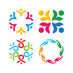 Colorful abstract designs embracing round and square group unity symbols