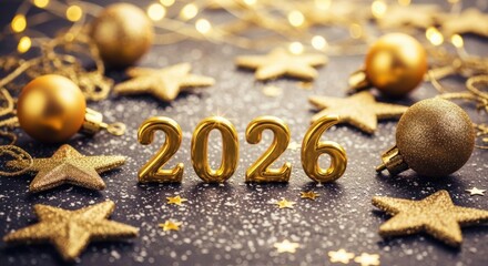 Golden 2026 new year decoration with christmas balls and stars on dark background