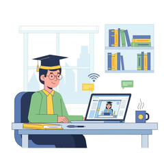 Flat Vector Illustration of Student Studying Online at Laptop Desk